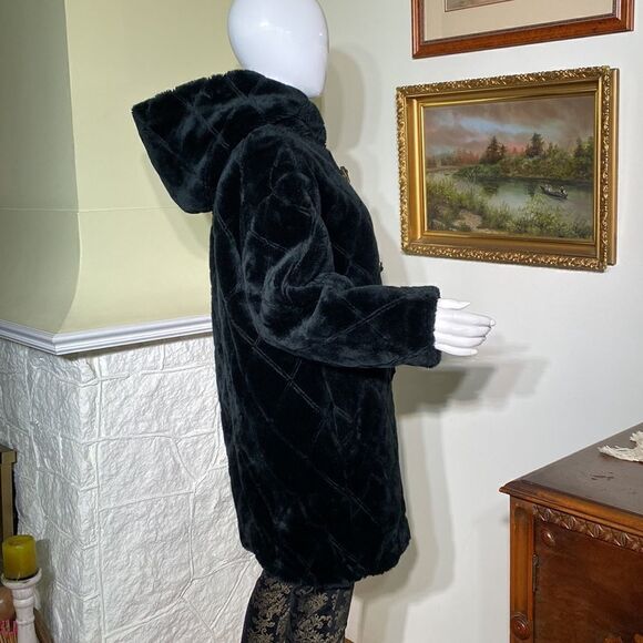 Hooded Black Textured Faux Fur Classic Duffle Coat - Picture 3 of 11